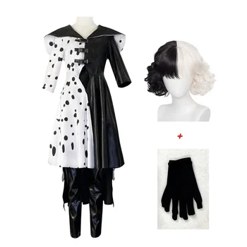 10 шт./лот, Новое платье Cruella De Vil Cruella, наряды на Хэллоуин, Карнавальный костюм, черно-белые платья для горничной с кожаными брюками