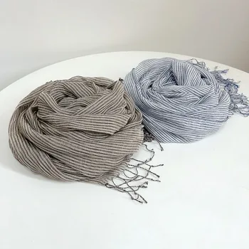 100% Льняной шарф в полоску в стиле ретро, женские весенне-летние дышащие льняные шарфы для защиты шеи