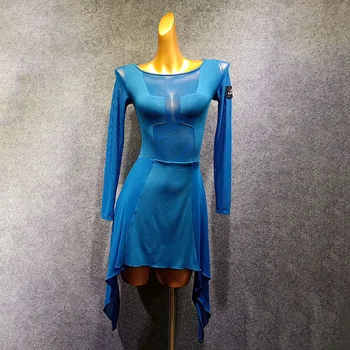 2020 Новое Черно-Синее Платье Для Латиноамериканских танцев с Длинным Рукавом, Женское платье Для Бальных танцев Samba Tango W456