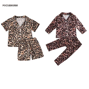 2020, Пижамные комплекты для новорожденных девочек, однобортные топы с леопардовым принтом, коротким / длинным рукавом + Шорты / Брюки, 2 шт.