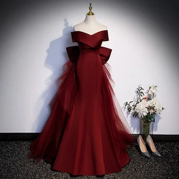 2023 Новое Винно-Красное Вечернее Платье Русалки С Вырезом Лодочкой Для Новобрачных