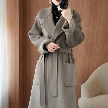 2023 Новое женское 100% Двустороннее шерстяное пальто, Кашемировое пальто, Женская свободная плотная шерстяная куртка, осень-зима, женская верхняя одежда