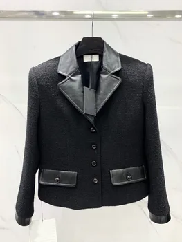 2023 Осенне-Зимняя Женская Куртка С Отложным Воротником В стиле Пэчворк, Кожаное Черное Пальто, Модный Однобортный Блейзер
