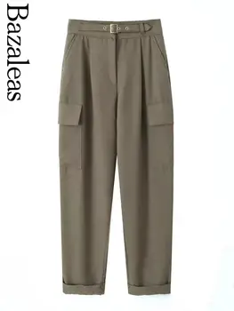 2024 Женские брюки с боковым карманом Bazaleas Store Traf, брюки с зеленым поясом, официальные брюки