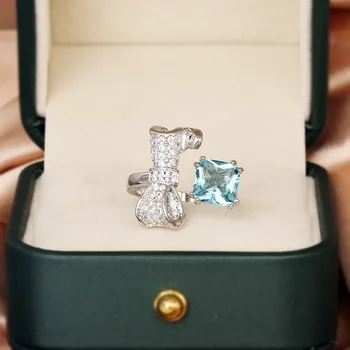 2024 Новое женское кольцо Модное квадратное кольцо с синим цирконием Изысканной формы в виде банта, подарок на годовщину, женские кольца, Обручальное кольцо