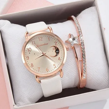 2шт женщин часы набор Луны циферблат браслет часы дамы Кожаный ремешок Кварцевые наручные часы для женщин Женские часы Relogio женщина ... 