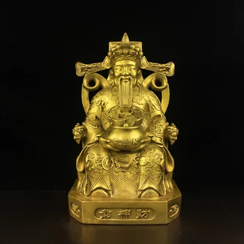 50-Сантиметровая рука, держащая рог изобилия, бог богатства сидит на стуле дракона, Латунная статуя Бонзе Caishenye