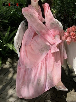 Botvotee/ розовые платья с галстуком-краской для женщин 2024, летнее платье Fairycore на шнуровке с высокой талией и длинным рукавом до середины икры, Элегантные платья