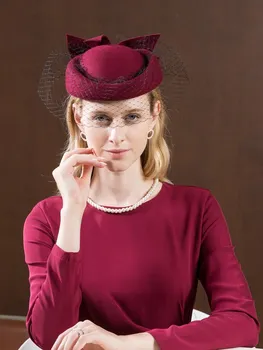 EE 3054 новая зимняя шерстяная пряжа сетка для взрослых хомбург с бантом женская британская светская львица банкетная винно-красная шляпа