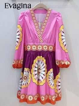 Evagina Весенне-летнее хлопковое винтажное платье с элегантным принтом, V-образным вырезом, высокой талией, с длинными рукавами, с боковым карманом длиной до колен, Розовое платье