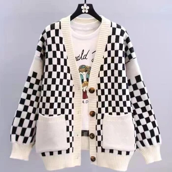 JBTP Кардиганы в шахматном порядке, Вязаный свитер, Женское осенне-зимнее Макси Свободное мягкое пальто с надписью Y2k E-girl, Длинная вязаная куртка, кардиган