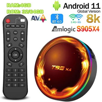 T95X4 Smart TV Box Amlogic S905X4 Android11 4 ГБ ОЗУ 32 ГБ/64 ГБ ПЗУ BT AV1 H.265 2,4 G/5G Wifi 8K HDR Медиаплеер телеприставка
