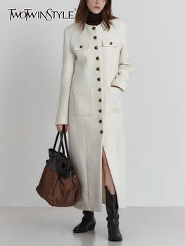 TWOTWINSTYLE, однотонное пальто для похудения с карманами в стиле пэчворк, круглый вырез, длинный рукав, однобортные пальто с накидкой, женская мода