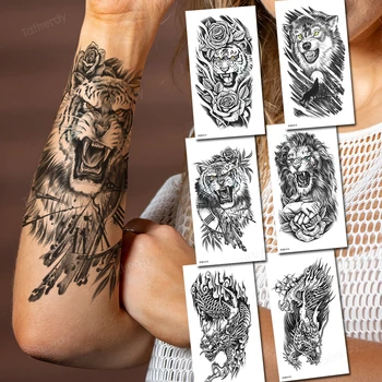 аниме тигр голова льва король временных татуировок рукав руки боди-арт черный лес сексуальные татуировки для взрослых наклейки черная передача воды