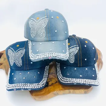 Бейсболка из джинсовой ткани с бабочкой, кепка с бриллиантами ручной работы, хипстерская девушка, весенне-осенняя универсальная шляпа с зонтиком