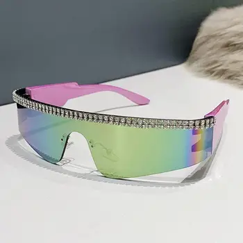 Блестящие футуристические солнцезащитные очки без оправы, Модные солнцезащитные очки Diamond Y2K One Piece, очки с киберпанковым козырьком, Оттенки очков