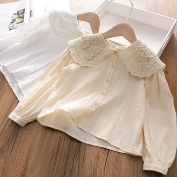 Весенне-Осенняя Хлопковая Белая Рубашка Для девочек от 3 до 12 лет, Детский Кружевной Топ, Корейская Рубашка, Детская Свободная Нижняя Рубашка, Топ Для Девочек