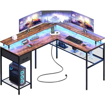 Г-образный стол Компьютерный стол со Светодиодной Подсветкой и Розетками, Игровой с Полками Для Хранения, Угловой Домашний Офис