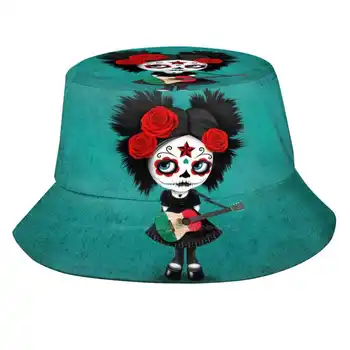 Девушка с сахарным черепом, играющая на гитаре с мексиканским флагом, летняя кепка унисекс, Солнцезащитная шляпа, День мертвых Девушка, Мексиканский День мертвых