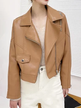 Демисезонный женская короткая куртка из искусственной кожи с застежкой-молнией, винтажная женская уличная одежда, байкерское пальто, шикарная верхняя одежда