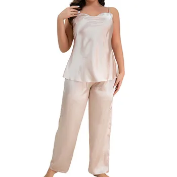 Женские комплекты мягких пижам из шелкового атласа Ice, плюс размер, однотонные топы на тонких бретелях с длинными пуговицами, пижамы большого размера