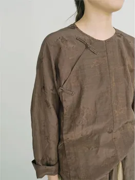Женские рубашки и топы Johnature в китайском стиле, льняные жаккардовые осенние блузки 2023 года, новые винтажные рубашки с круглым вырезом и длинными рукавами на пуговицах