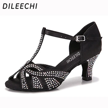 Женские туфли для латиноамериканских танцев DILEECHI, атласные туфли для квадратного танца с бриллиантами, сандалии, современная танцевальная обувь, цвет черный, каблук 6 см