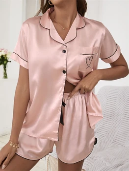 Женский атласный пижамный комплект, Летняя рубашка с коротким рукавом и вышивкой в виде сердца + шорты, комплект из 2 предметов, одежда для отдыха