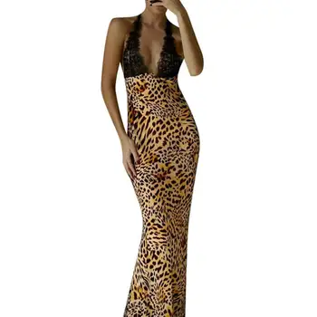 Женское платье с V-образным вырезом, прозрачной кружевной строчкой, без рукавов, с глубоким вырезом, клубное платье для выпускного вечера с леопардовым принтом, женская одежда