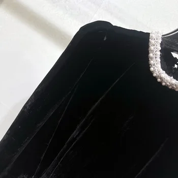 Женское платье с жемчужным декольте, расшитое бисером, черное бархатное винтажное платье с круглым вырезом и длинным рукавом, осень 2023, женские мини-халаты