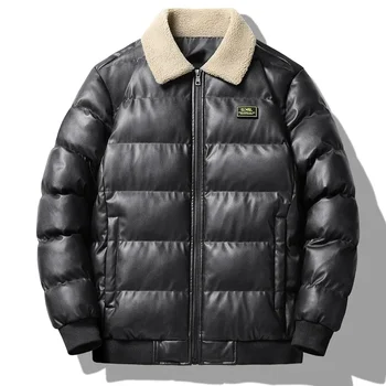 Зимние мужские Повседневные кожаные пуховики с теплой подкладкой, мужские Ветрозащитные пальто, куртка, мужская уличная куртка-бомбер, Ветровка 5XL