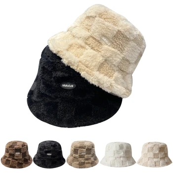Зимняя плюшевая рыбацкая шляпа, модная для девочек клетчатая панама из берберского флиса, Зимняя непромокаемая утолщенная кепка с широкими полями, теплая