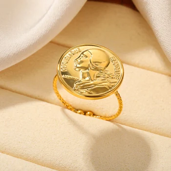 Кольцо С Монетой В Виде Головы Королевы Из Нержавеющей Стали Для Женщин Золотого Цвета, Регулируемые Кольца Для Пальцев, Круглые Геометрические Кольца, Модные Украшения