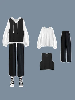 Комплект из трех предметов Для студенток, весна-осень, новая Корейская свободная однотонная толстовка с капюшоном + Черный жилет + широкие брюки, женский костюм