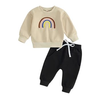 Комплект осенней одежды для маленьких мальчиков, толстовка с радужной вышивкой + брюки, 2 предмета, Хлопковый домашний костюм для малышей, спортивный костюм, детская одежда от 0 до 3 лет