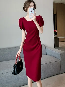 Летнее Красное облегающее плиссированное платье, женское элегантное повседневное платье для выпускного вечера 2023, корейская мода, подходящее платье по запросу