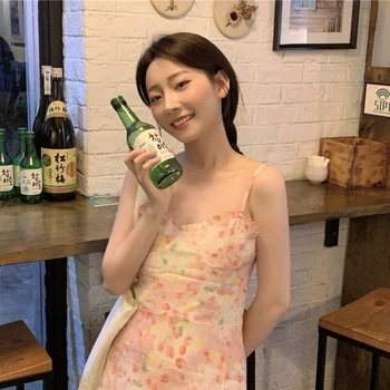 Летнее платье с цветочным принтом Kawaii, женское элегантное Милое Сексуальное вечернее платье на бретелях, Корейское пляжное платье для Хай-стрит, новинка