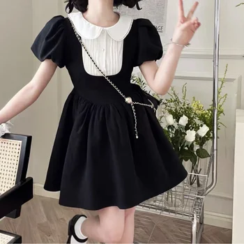 Летнее Черное Японское платье Kawaii, Женское милое Корейское модное вечернее платье с пышными рукавами, Милое Винтажное мини-платье 2023