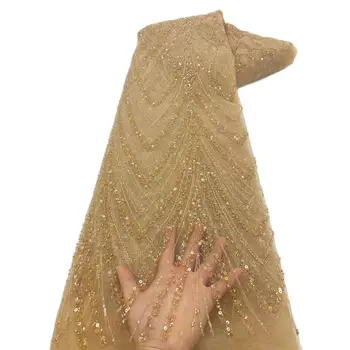 Летом Женская африканская ткань золотого цвета С блестками и бисером, материал для длинного платья И с мягкой сеткой для вечеринки