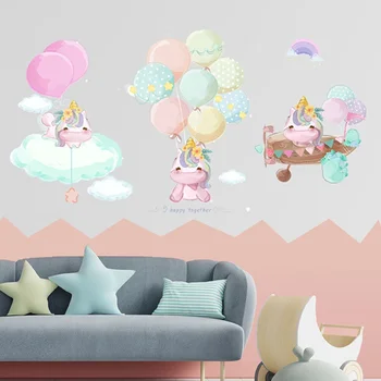 Милые наклейки на стену с единорогом для спальни девочек, декор детской комнаты, воздушные шары, облака, радужные наклейки, украшение детской комнаты