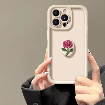 Милый Корейский жидкий силиконовый чехол для телефона INS 3D Rose Flower для iPhone 14 15 Pro Max 15 13 Pro 12 11 XS Max XR 7 Candy Cover