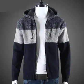 Мужская куртка-свитер, мужская куртка в полоску, мужская вязаная куртка-свитер с капюшоном в цветную полоску, теплая стильная уютная куртка-свитер средней длины для зимы