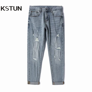Мужские джинсы-скинни Светло-голубого цвета, потертые брюки-капри, рваные джинсы, брюки длиной до щиколоток, укороченный хип-хоп, мода лета 2023 г.
