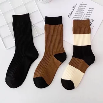Мужские и женские универсальные носки с манжетами в темную полоску в стиле ретро, повседневная и универсальная уличная мода, черно-коричневые хлопчатобумажные носки