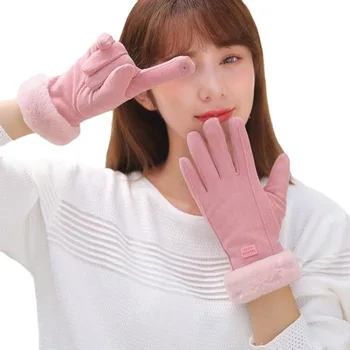 Новая симпатичная Корейская версия Шерстяных теплых перчаток с сенсорным экраном, замшевых перчаток, женских зимних плюс бархатных толстых велосипедных перчаток, черных перчаток