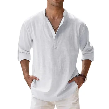 Новые хлопчатобумажные льняные рубашки для мужчин, повседневные рубашки, легкие пляжные рубашки Хенли с длинным рукавом, гавайские футболки для мужчин, уличная одежда