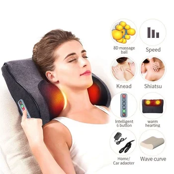 Новый 6-кнопочный портативный электрический массажер для шеи с подогревом, для лечения плеч, талии, спины, разминания боли, Шиацу, Массажная подушка