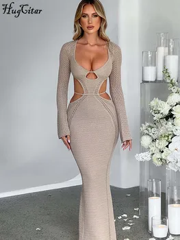 Облегающий вязаный халтер с длинным рукавом и открытой спиной, сексуальное тонкое платье Макси на шнуровке, осеннее женское элегантное платье для вечеринки в клубе