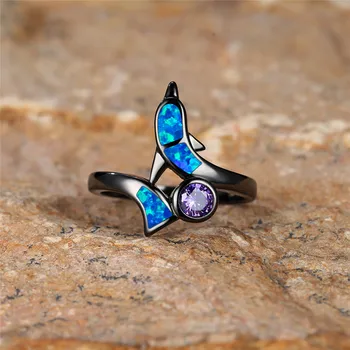 Обручальное кольцо с сине-белым опалом, Милое кольцо с дельфином и океанским животным, кольца с фиолетовым кристаллом и круглым камнем для женщин, украшения из черного металла