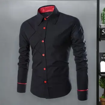 Офисная рубашка с лацканами, длинный рукав, Однобортная мужская рубашка с сетчатой текстурой, приталенная однотонная деловая рубашка, топ